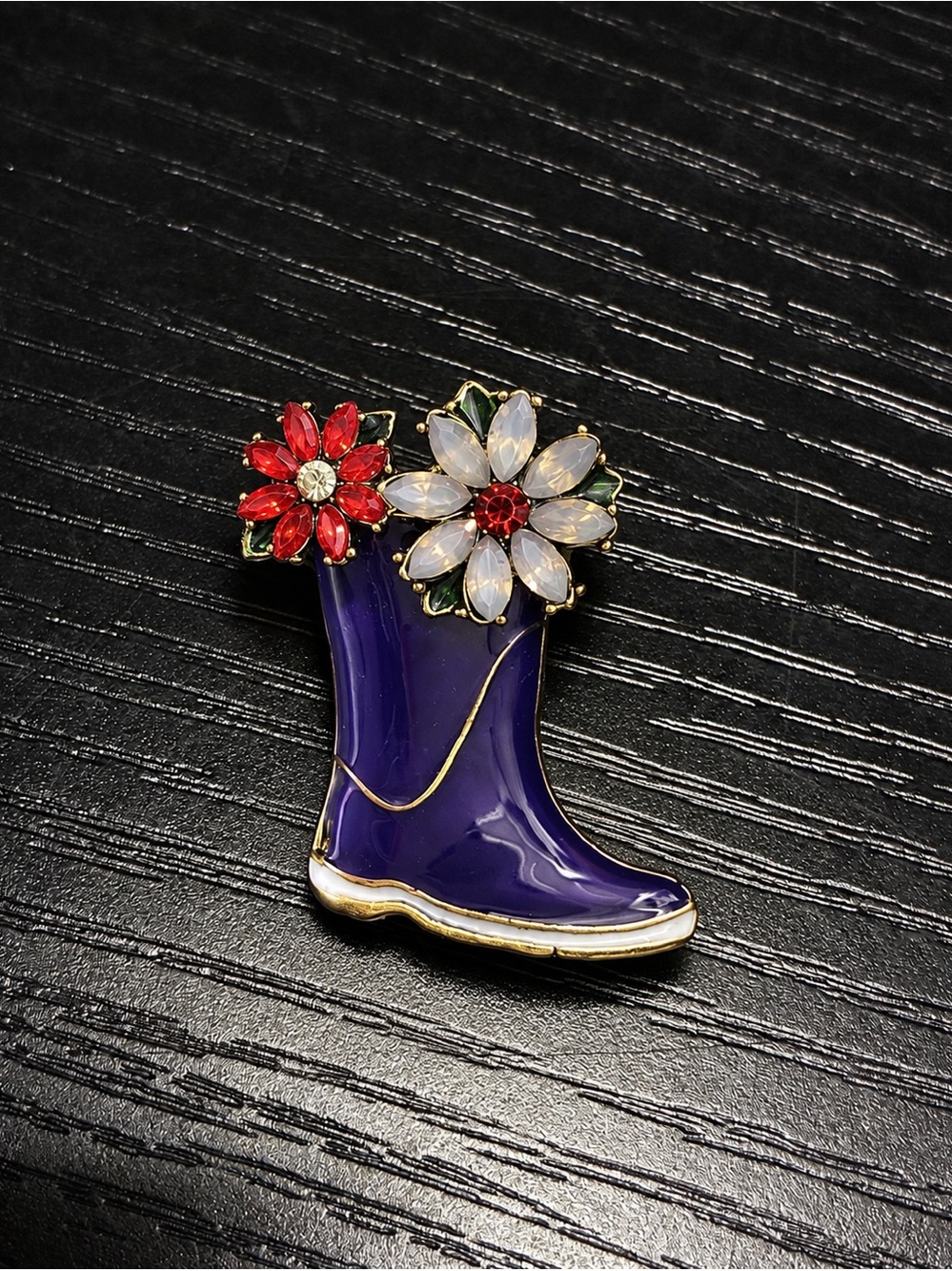 Rain Boot Flower Brooch Pin Rhinestone Floral Garden Fashion Jewelry